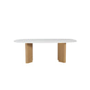 MESA DE COMEDOR TOPE DE MARMOL ARTIFICIAL Y BASE ACABADO DE MADERA