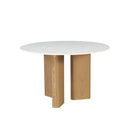 MESA DE COMEDOR TOPE DE MARMOL ARTIFICIAL Y BASE ACABADO DE MADERA