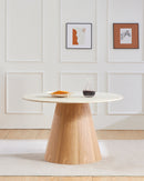 MESA DE COMEDOR CON TOPE ESTILO MARMOL Y BASE ACABADO DE MADERA