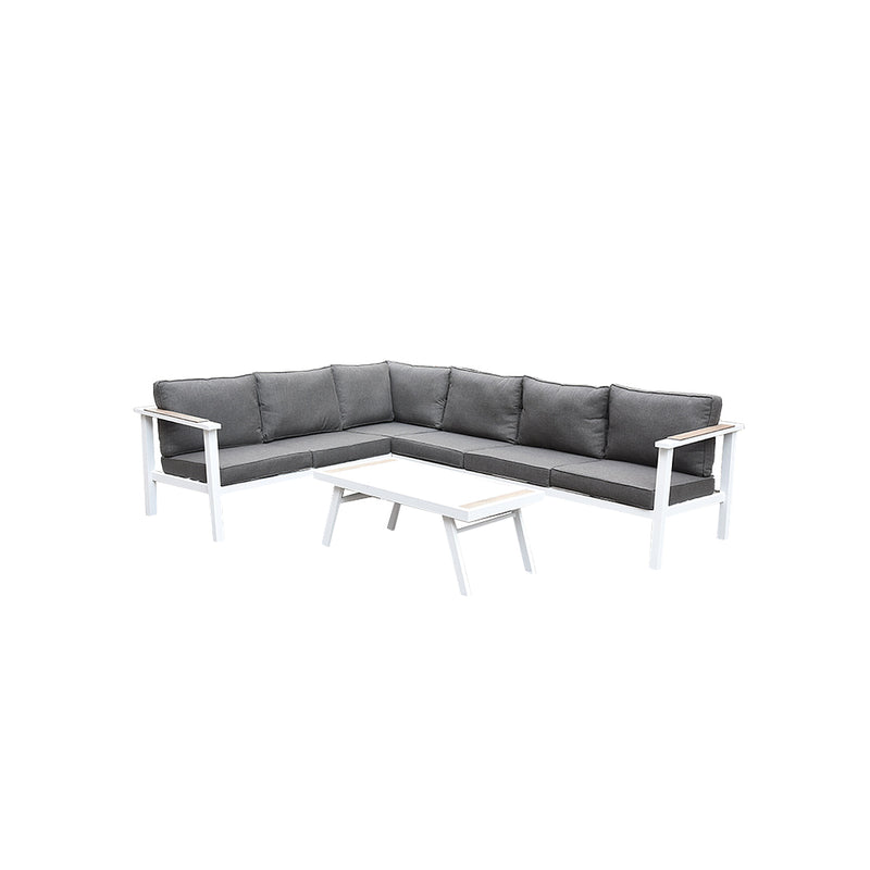 SET DE EXTERIOR BOULI BLANCO Y GRIS 5PCS SOFA IZQ Y DER ESQUINERO BUTACA SIN BRAZO Y MESA CENTRO