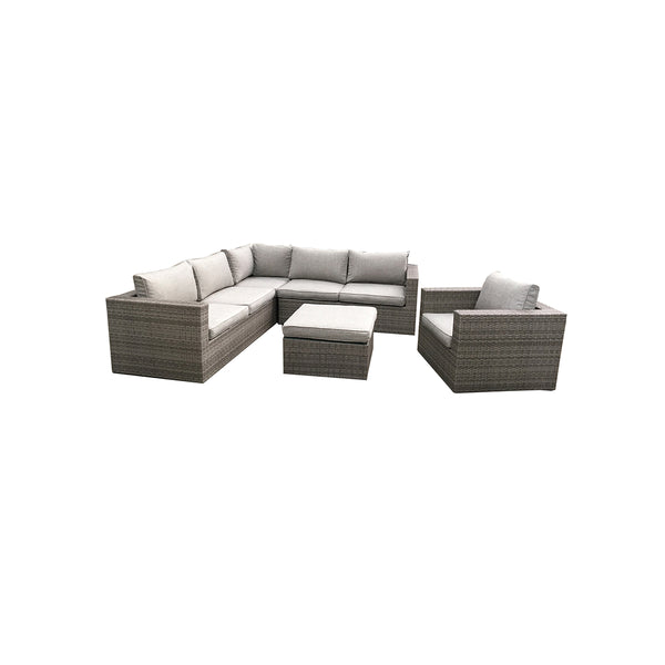 SET DE EXTERIOR EN RATTAN NATURAL Y COJINES EN TELA GRIS