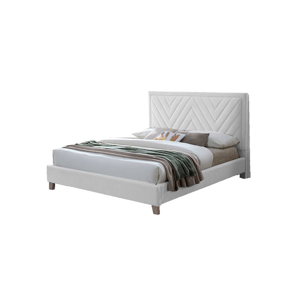 CAMA QUEEN EN TELA GRIS Y PATAS ACABADO DE MADERA