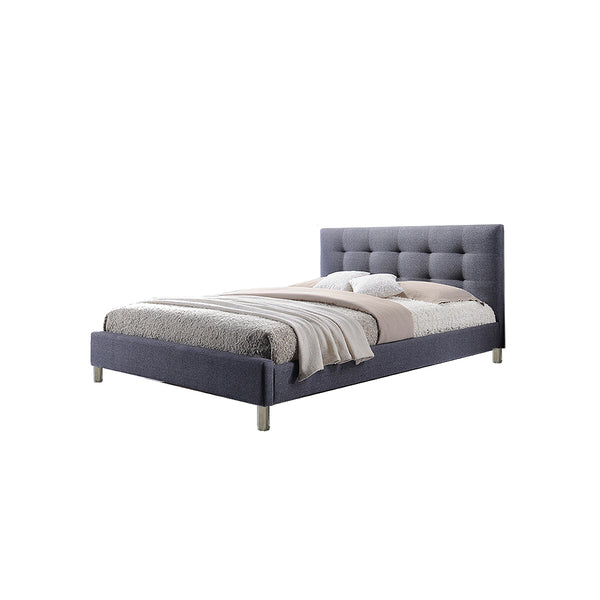 CAMA QUEEN TAPIZADA EN TELA GRIS Y PATAS PLATEADAS
