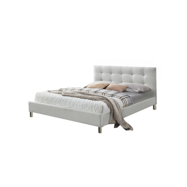 CAMA FULL CAMPBELL STONE EN TELA GRIS CLARO Y PATAS PLATEADAS