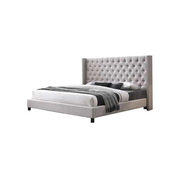 CAMA KING EN TELA BEIGE Y PATAS NEGRAS
