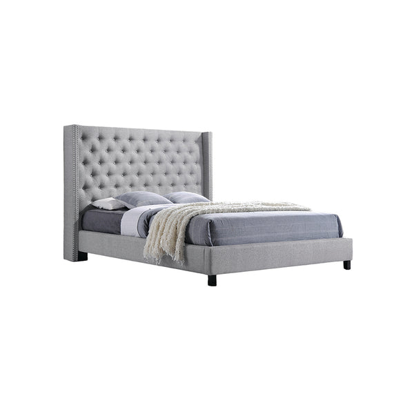 CAMA QUEEN CAMPBELL STONE EN TELA GRIS, PATAS NEGRAS