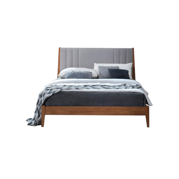 CAMA QUEEN TELA GRIS Y PATAS MARRONES
