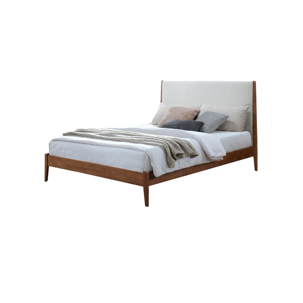 CAMA QUEEN EN TELA BLANCA Y ACABADO DE MADERA