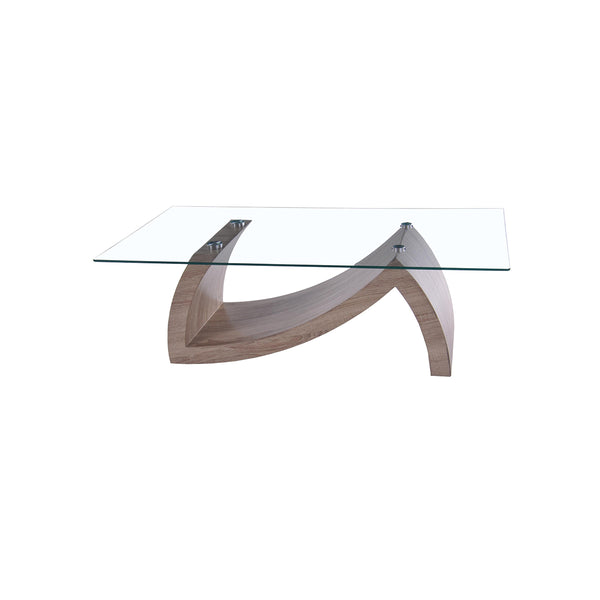 MESA DE CENTRO CON TOPE DE VIDRIO TRANSPARENTE Y BASE ACABADO EN MADERA