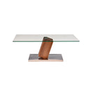 MESA DE CENTRO CON TOPE DE CRISTAL CON BASE PLATEADA Y ACABADO DE MADERA