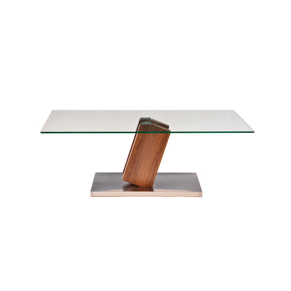MESA DE CENTRO CON TOPE DE CRISTAL CON BASE PLATEADA Y ACABADO DE MADERA