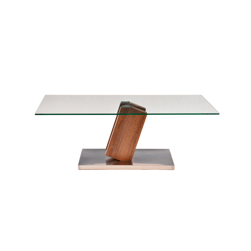 MESA DE CENTRO CON TOPE DE CRISTAL CON BASE PLATEADA Y ACABADO DE MADERA