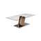 MESA DE CENTRO CON TOPE DE CRISTAL CON BASE PLATEADA Y ACABADO DE MADERA
