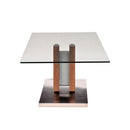 MESA DE CENTRO CON TOPE DE CRISTAL CON BASE PLATEADA Y ACABADO DE MADERA