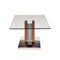 MESA DE CENTRO CON TOPE DE CRISTAL CON BASE PLATEADA Y ACABADO DE MADERA