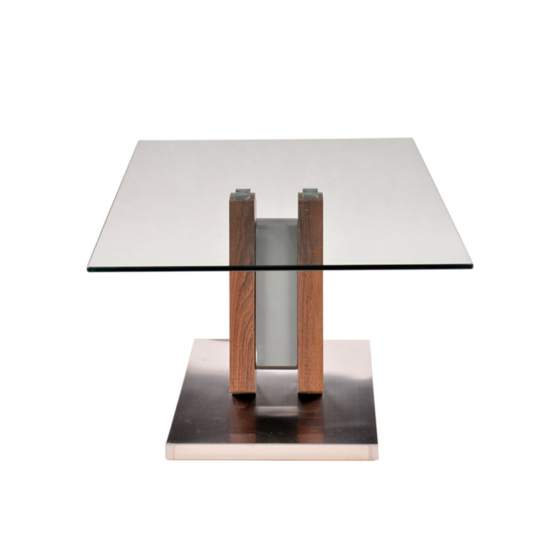 MESA DE CENTRO CON TOPE DE CRISTAL CON BASE PLATEADA Y ACABADO DE MADERA