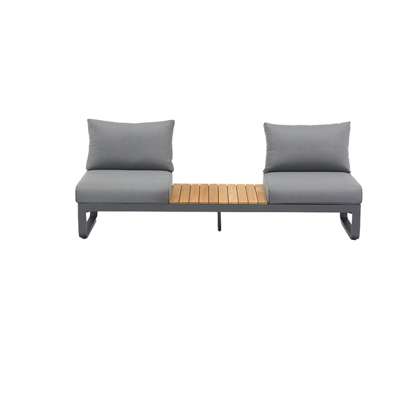 SOFA BLOOM DE 3 ASIENTOS CON MARCO GRIS CHARCOAL EN TEJIDO OLEFIN GRIS Y ACABADO MADERA