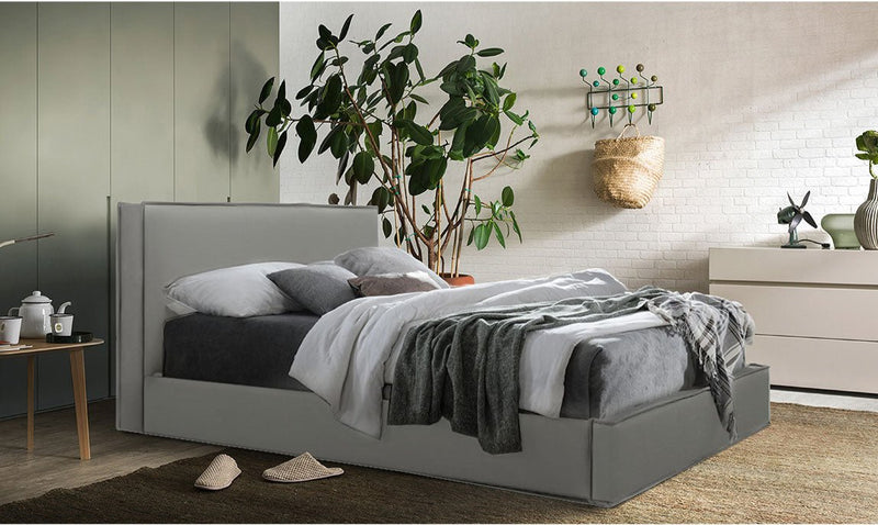 CAMA QUEEN EN TELA GRIS