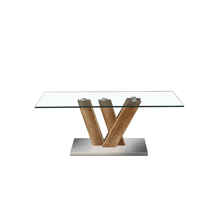 MESA DE CENTRO CON TOPE DE CRISTAL Y BASE EN ACABADO DE MADERA