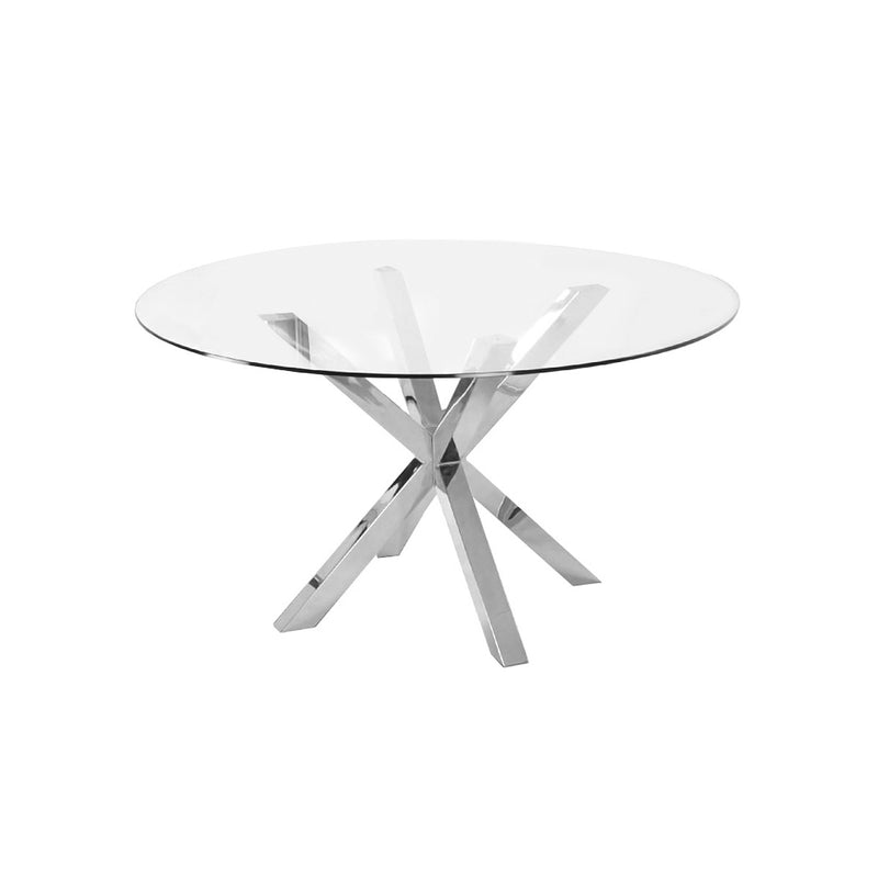 MESA DE COMEDOR REDONDA CON TOPE DE VIDRIO Y BASE EN ACABADO PLATEADO