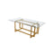 MESA DE COMEDOR CON TOPE DE CRISTAL RECTANGULAR Y BASE DORADA