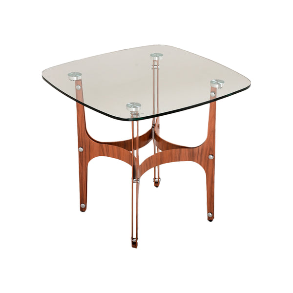 MESA LATERAL CON TOPE DE CRISTAL TRANSPARENTE BASE DE ACERO ESTILO MADERA