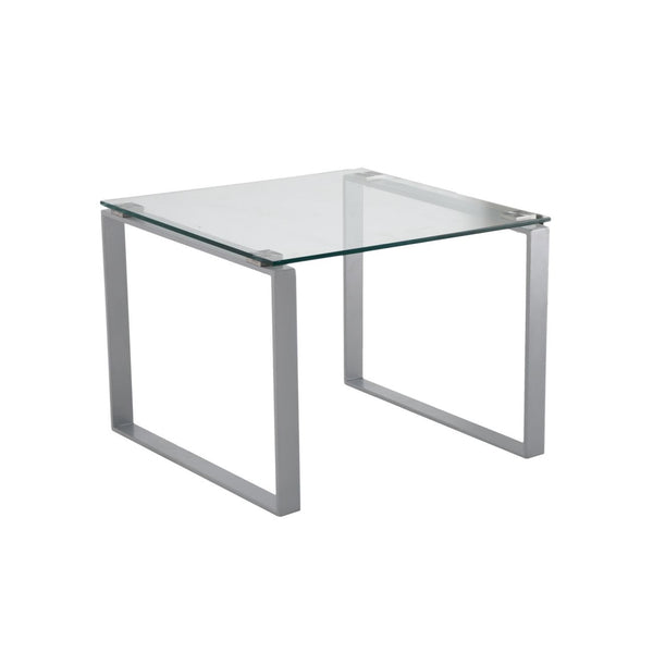 MESA LATERAL CON TOPE DE VIDRIO Y PATAS PLATEADAS