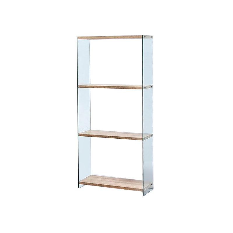 ESTANTE EN VIDRIO TRANSPARENTE Y TRAMOS EN ACABADO DE MADERA