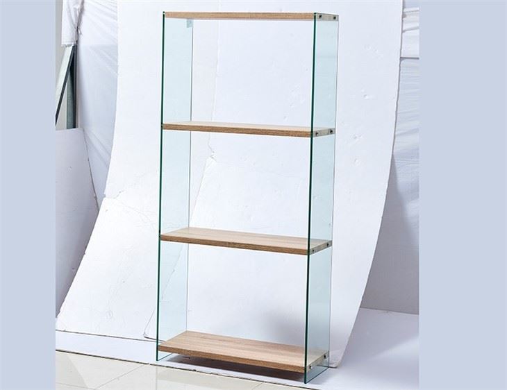 ESTANTE EN VIDRIO TRANSPARENTE Y TRAMOS EN ACABADO DE MADERA