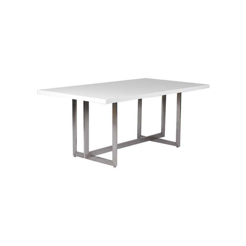 MESA DE COMEDOR CON TOPE BLANCO DE ALTO BRILLO Y BASE CROMADA