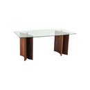 MESA DE COMEDOR RECTANGULAR CON TOPE DE CRISTAL Y BASE EN ACABADO DE MADERA