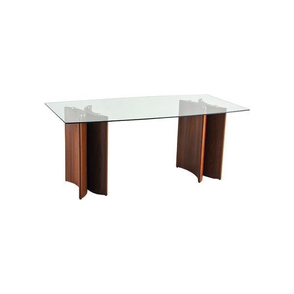 MESA DE COMEDOR RECTANGULAR CON TOPE DE CRISTAL Y BASE EN ACABADO DE MADERA
