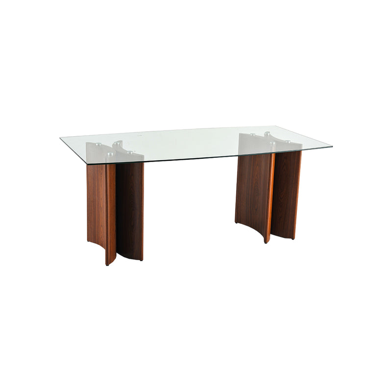 MESA DE COMEDOR RECTANGULAR CON TOPE DE CRISTAL Y BASE EN ACABADO DE MADERA
