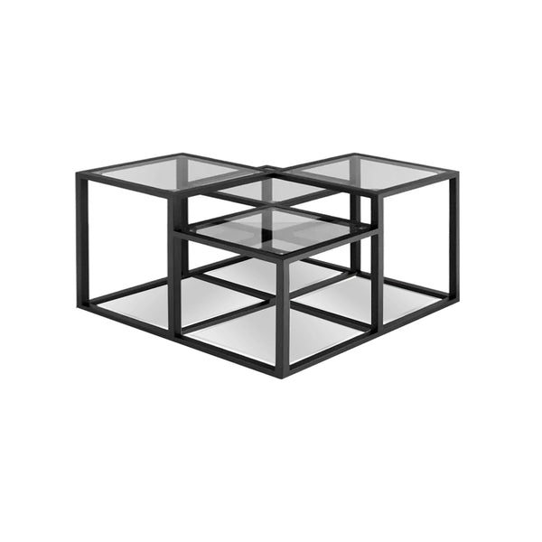 MESA DE CENTRO EN VIDRIO TRANSPARENTE Y ESPEJO CON BASE NEGRA