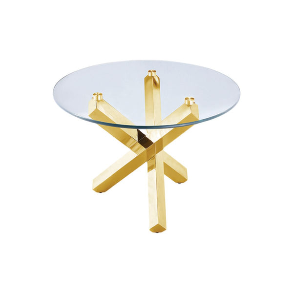 MESA DE COMEDOR DORADA CON TOPE REDONDO DE VIDRIO