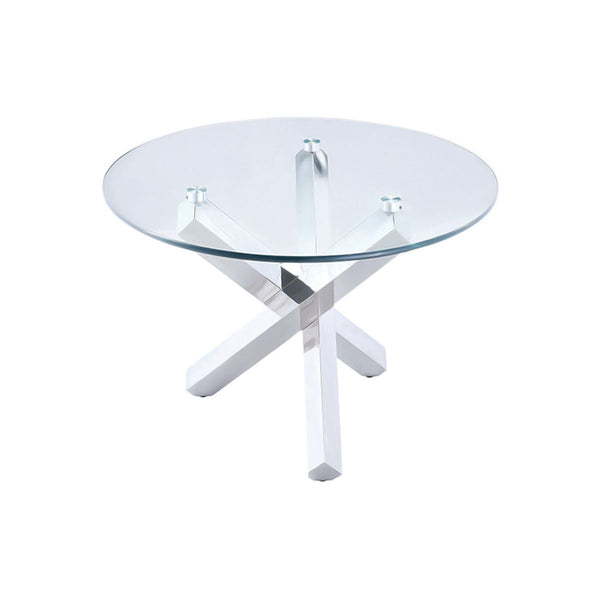MESA DE COMEDOR PLATEADA CON TOPE REDONDO DE VIDRIO