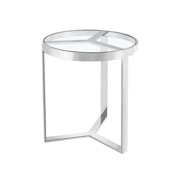 MESA LATERAL EN BASE PLATEADA BRILLANTE Y TOPE DE CRISTAL