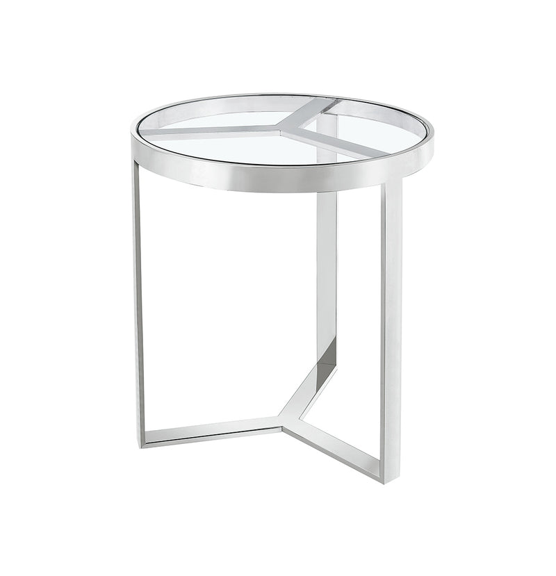 MESA LATERAL EN BASE PLATEADA BRILLANTE Y TOPE DE CRISTAL