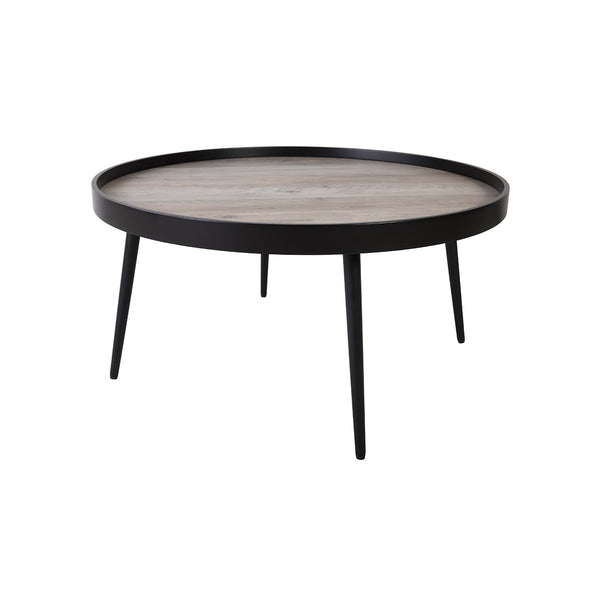 MESA CENTRO CON TOPE EN MARCO NEGRO ACABADO DE MADERA Y PATAS NEGRAS