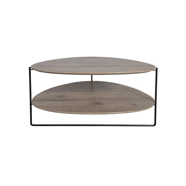 MESA DE CENTRO CON TOPE CHAPADO DE MADERA Y PATAS DE METAL NEGRO
