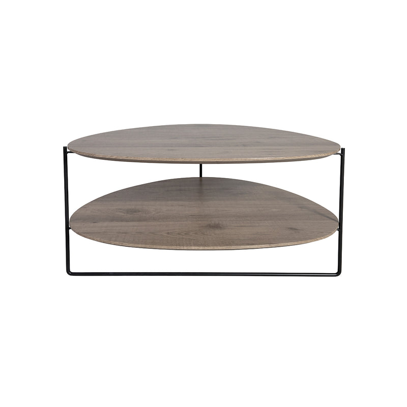 MESA DE CENTRO CON TOPE CHAPADO DE MADERA Y PATAS DE METAL NEGRO