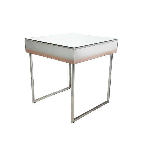 ***SIDE TABLE CLEAR MIRROR, ROSE-GOLD GRADIENT GLASS, SILVER STAINLESS STEEL LEGS