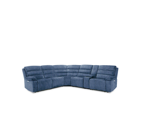 SOFA SECCIONAL RECLINABLE ELECTRICO EN TELA AZUL CON PUERTO USB Y PORTAVASOS