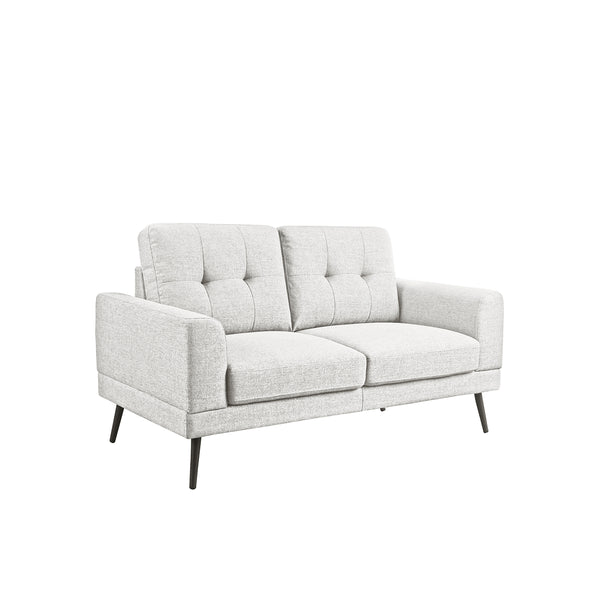 SOFA ESTACIONARIO DE DOS ASIENTOS EN TELA GRIS CLARO Y PATAS NEGRAS