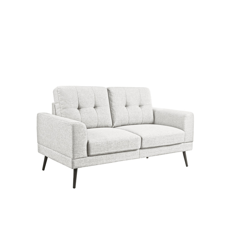 SOFA ESTACIONARIO DE DOS ASIENTOS EN TELA GRIS CLARO Y PATAS NEGRAS