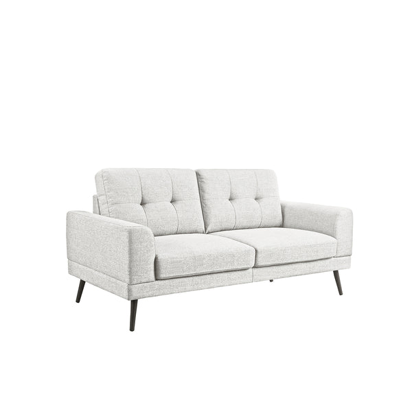 SOFA ESTACIONARIO DE TRES ASIENTOS EN TELA GRIS CLARO Y PATAS NEGRAS