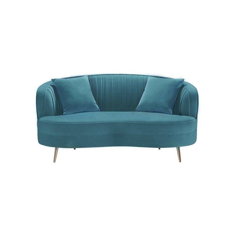 SOFA ESTACIONARIO DE DOS ASIENTOS EN TELA COLOR AZUL Y PATAS DORADAS