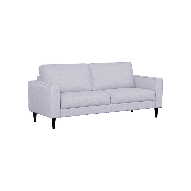 SOFA ESTACIONARIO  DE TRES ASIENTOS EN TELA GRIS Y PATAS NEGRAS