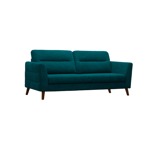 SOFA ESTACIONARIO DE TRES ASIENTOS EN TELA AZUL Y PATAS MARRONES