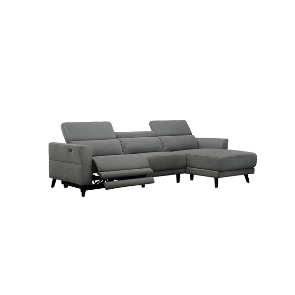 SOFA RECLINABLE CON SISTEMA ELECTRICO EN TELA GRIS Y PATAS MARRONES